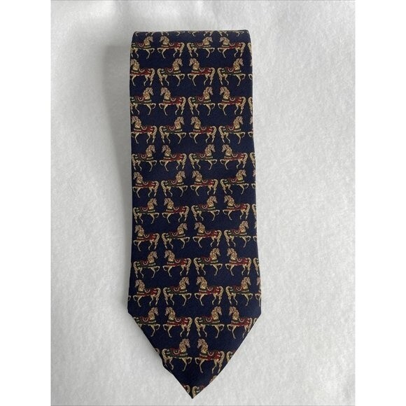 MONDIALSETA Silk tie Made in Italy Hand Made Blue with Horses 60 inch - Picture 1 of 10